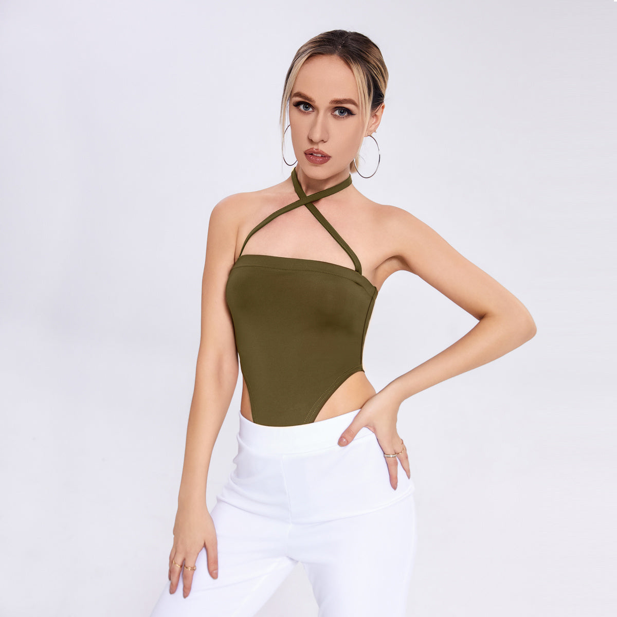 Collar Hanging Neck Band Bodysuit